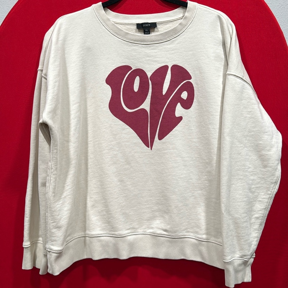 J. Crew Cream Crewneck Sweatshirt with Maroon Heart 'LOVE' Graphic